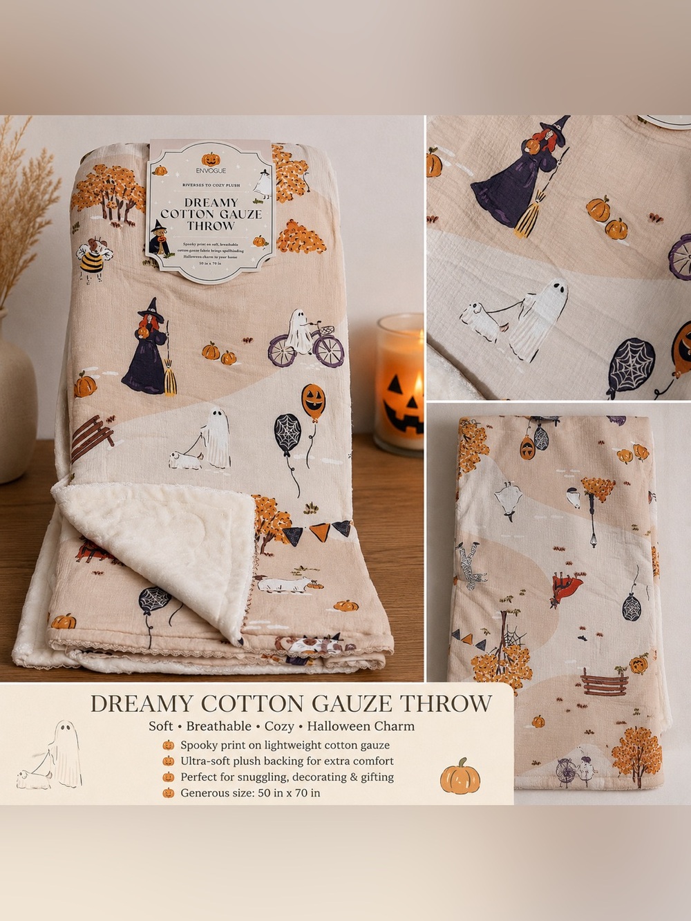 NWT Envogue Dreamy Cotton Gauze Halloween Throw Blanket – 50” x 70” | Reversible